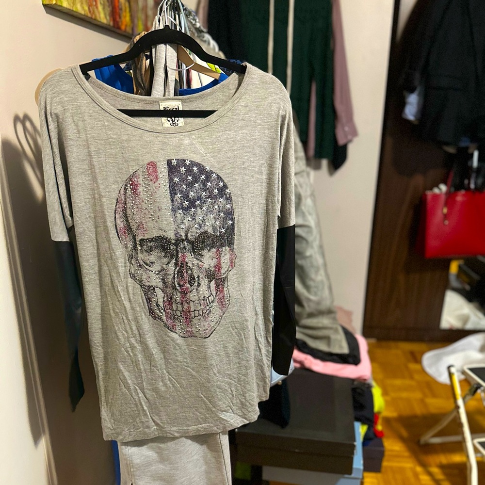 Vocal Long Sleeve Tee with Embellished Skull and Faux Leather Sleeves